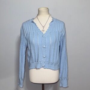 Listicle Pastel Blue Scalloped-Edge Knit Cardigan